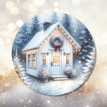 Tiny Home in a Magical Winter Forest Christmas Classic Round Sticker<br><div class="desc">Christmas stickers.  Pretty white tiny home decorated in Christmas lights,  a wreath and surrounded by a magical forest enchanted winter wonderland.</div>