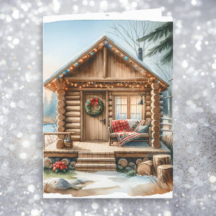 Tiny Home Log Cabin in the Winter Woods Christmas Holiday Card
