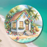 Tiny Home on the Beach Festive Christmas Classic Round Sticker<br><div class="desc">Christmas stickers or envelope seals. Cute little white festive tiny house on a beach with pretty festive Christmas decorations like wreaths,  garland and Christmas lights on palm trees.</div>