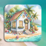 Tiny Home on the Beach Festive Christmas Square Sticker<br><div class="desc">Christmas stickers or envelope seals. Cute little white festive tiny house on a beach with pretty festive Christmas decorations like wreaths,  garland and Christmas lights on palm trees.</div>