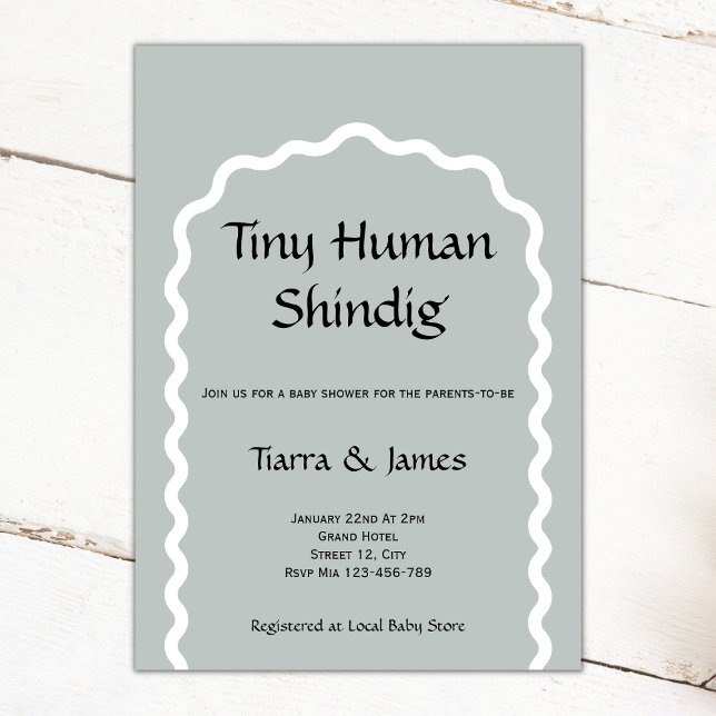 Tiny Human Shindig Minimalist Sage Baby Shower Invitation (tiny human shindig baby shower invitation sage white wavy arch funny)
