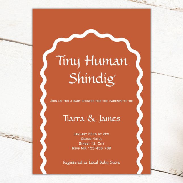Tiny Human Shindig Simple Terracotta Baby Shower Invitation (tiny human shindig baby shower invitation terracotta white simple wavy arch funny)