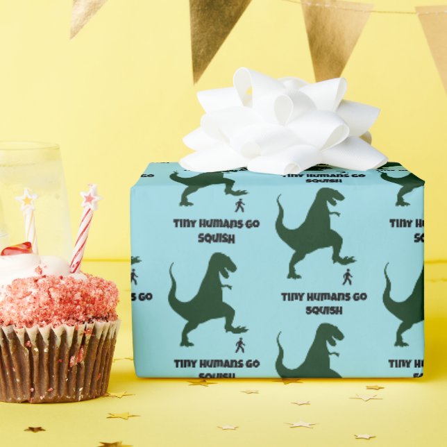 Tiny Humans Go Squish Funny Dinosaur Cartoon Wrapping Paper (Birthday Party)