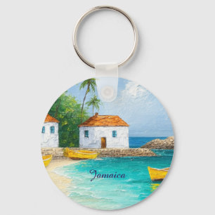 Tiny jamaican houses and skiffs key ring