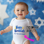 Tiny Latke Lover Bodysuit 🕎🎉<br><div class="desc">This adorable baby bodysuit is perfect for celebrating Hanukkah with a touch of humour and cuteness! It features the cheerful message “Happy Hanukkah” in bold blue letters, complete with two bright yellow flames that mimic menorah candles. Below, the playful text reads “from Tiny Latke Lover!”—a nod to the delicious Hanukkah...</div>