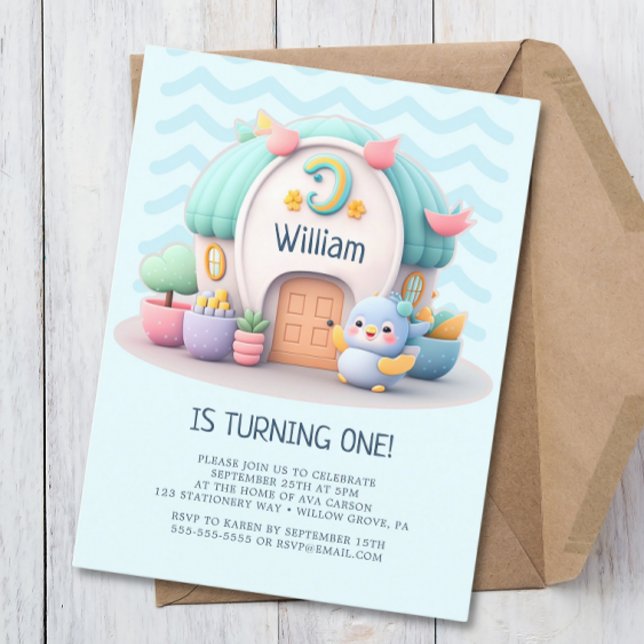 Tiny little house with dragon Boy Baby Birthday Invitation Postcard (Creator Uploaded)