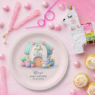 Tiny little house with dragon Girl Baby Shower Paper Plate