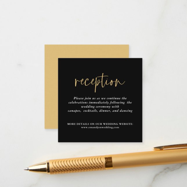 TINY MINI SIZE Black Gold Wedding Reception Enclosure Card (Front/Back In Situ)