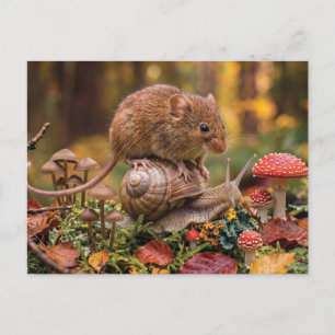 Tiny Mouse Riding Snail in Autumn Forest  Holiday Postcard