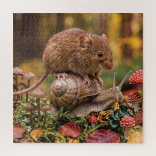 Tiny Mouse Riding Snail in Autumn Forest  Jigsaw Puzzle