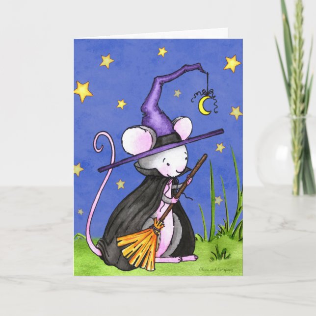 Tiny Mouse Witch Halloween Card (Front)