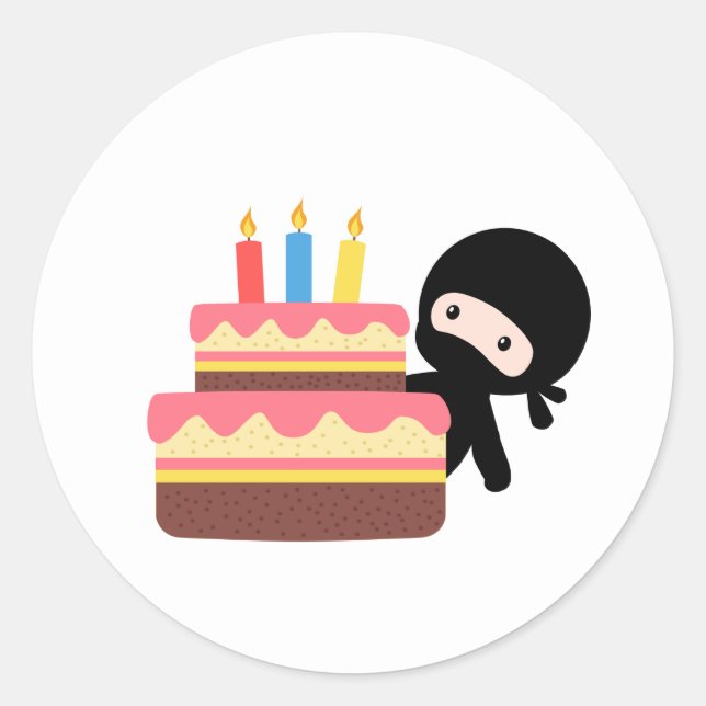 Tiny Ninja Behind Birthday Cake Classic Round Sticker (Front)