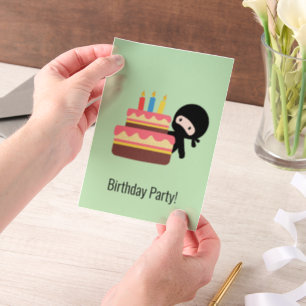 Tiny Ninja Behind Birthday Cake on Green Insert Vellum Invitations