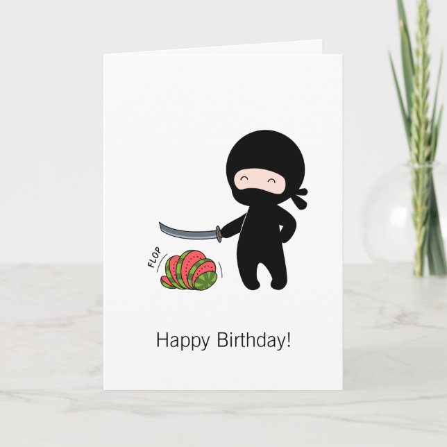 Tiny Ninja Cutting Watermelon Birthday Card (Front)