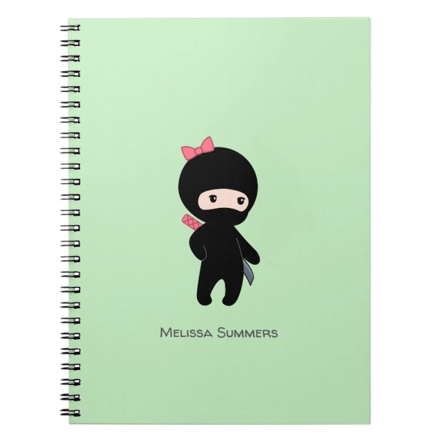 Tiny Ninja Girl Custom Name on Green Notebook (Front)