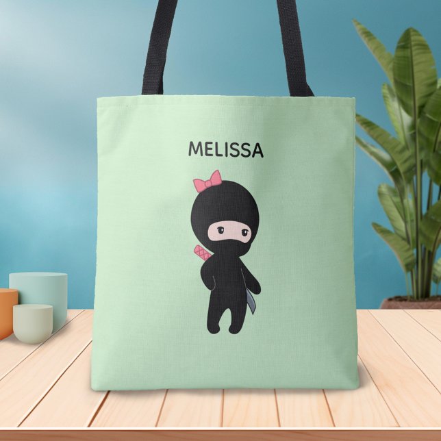 Tiny Ninja Girl Custom Name on Green Tote Bag (Creator Uploaded)
