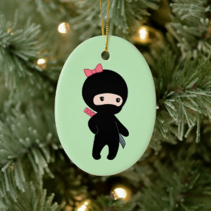 Tiny Ninja Girl on Green Ceramic Ornament