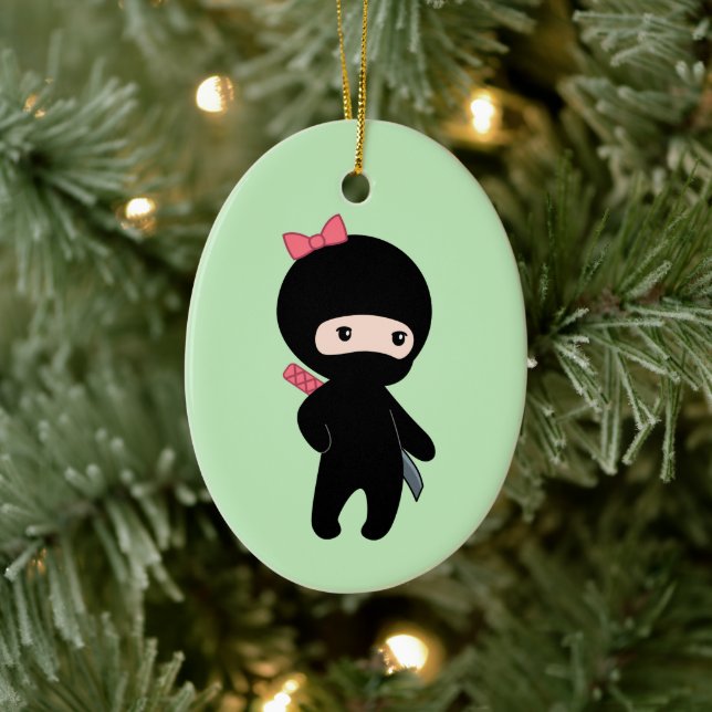 Tiny Ninja Girl on Green Ceramic Ornament (Tree)
