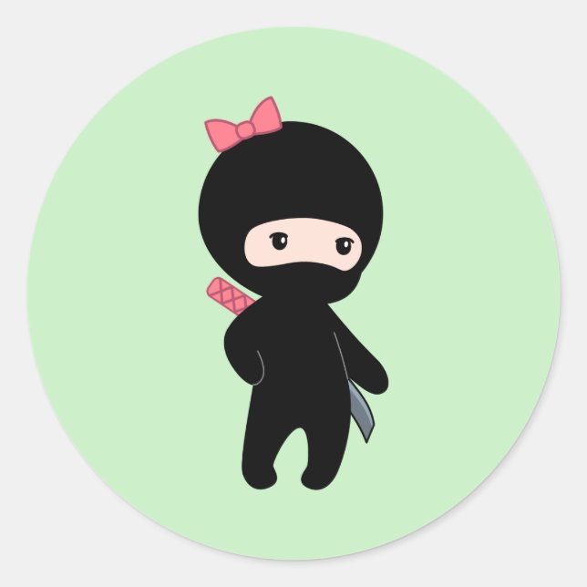 Tiny Ninja Girl on Green Classic Round Sticker (Front)