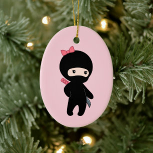 Tiny Ninja Girl on Pink Ceramic Ornament