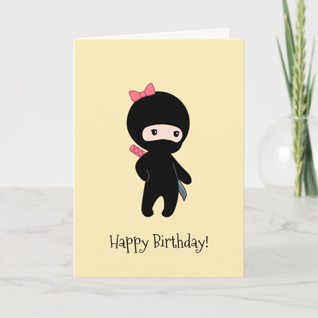 Tiny Ninja Girl on Yellow Birthday Card (Front)