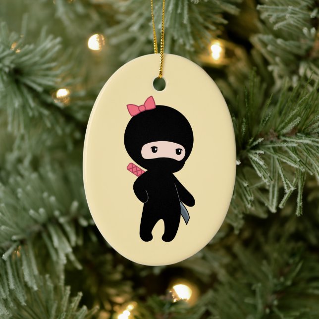 Tiny Ninja Girl on Yellow Ceramic Ornament (Tree)
