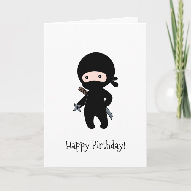 Tiny Ninja Holding Throwing Star Birthday Card (Front)