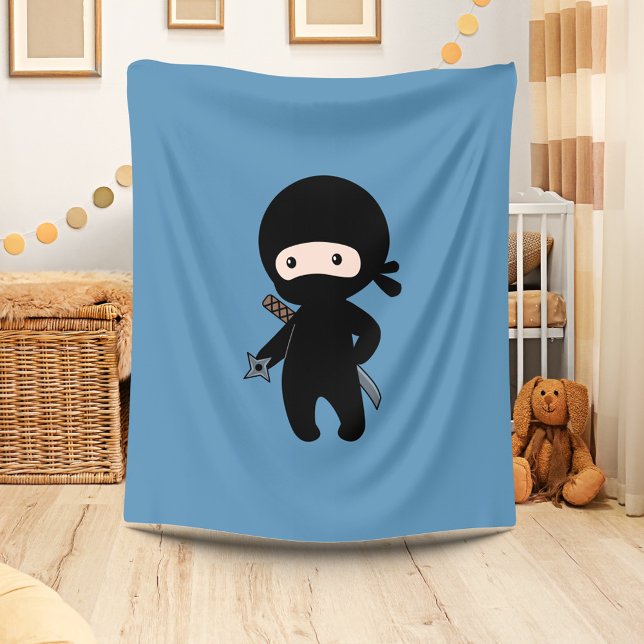 Tiny Ninja Holding Throwing Star On Blue Fleece Blanket (Creator Uploaded)