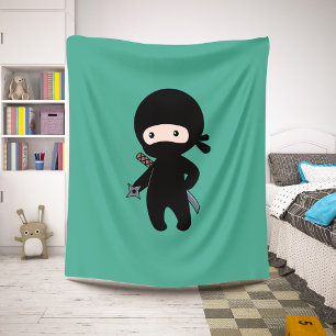 Tiny Ninja Holding Throwing Star on Dark Green Sherpa Blanket