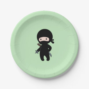 Tiny Ninja Holding Throwing Star on Green Paper Plate