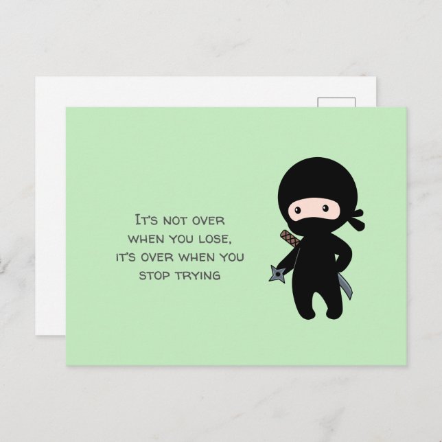 Tiny Ninja Holding Throwing Star on Green Quote Postcard (Front/Back)