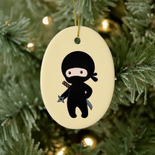 Tiny Ninja Holding Throwing Star on Yellow Ceramic Ornament