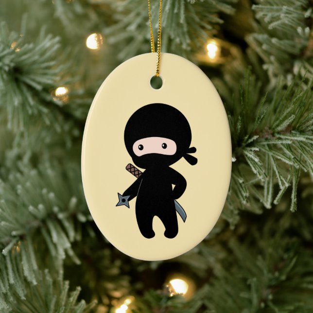 Tiny Ninja Holding Throwing Star on Yellow Ceramic Ornament (Tree)