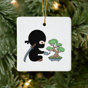 Tiny Ninja Watering Bonsai Tree Ceramic Ornament