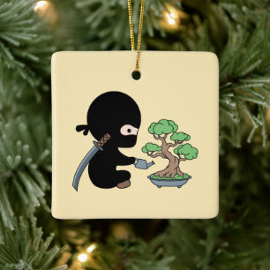 Tiny Ninja Watering Bonsai Tree on Yellow Ceramic Ornament