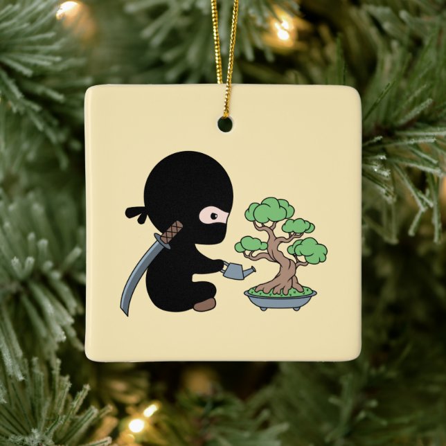 Tiny Ninja Watering Bonsai Tree on Yellow Ceramic Ornament (Tree)
