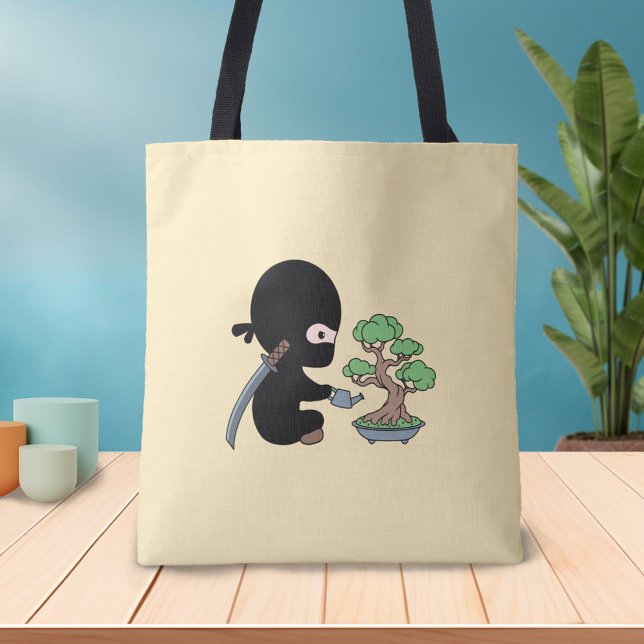 Tiny Ninja Watering Bonsai Tree on Yellow Tote Bag (Creator Uploaded)