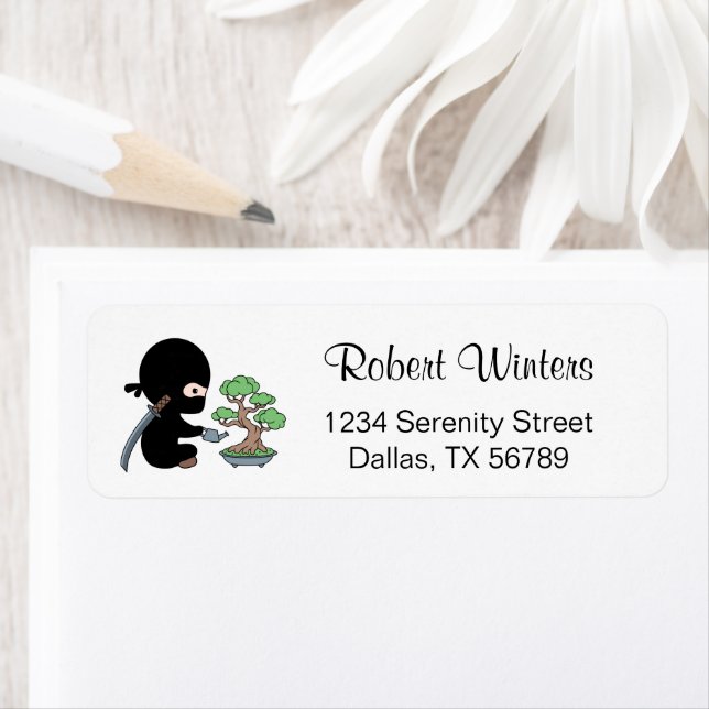 Tiny Ninja Watering Bonsai Tree Return Address Label (Insitu)
