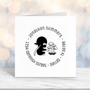Tiny Ninja Watering Bonsai Tree Round Address 2 Self-inking Stamp