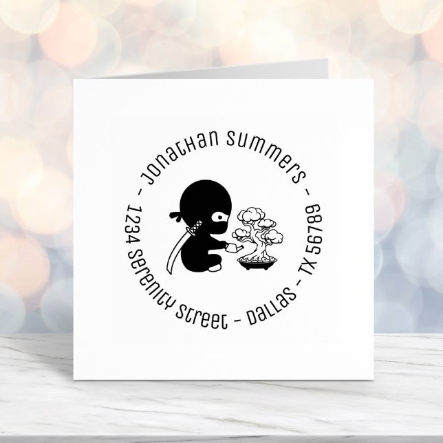 Tiny Ninja Watering Bonsai Tree Round Address 2 Self-inking Stamp (Creator Uploaded)
