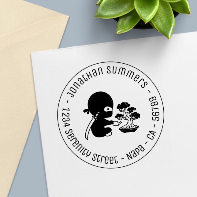 Tiny Ninja Watering Bonsai Tree Round Address Self-inking Stamp (Creator Uploaded)