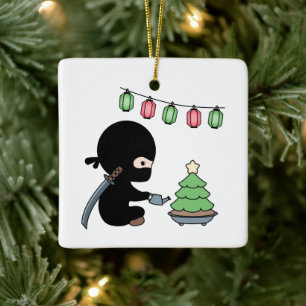 Tiny Ninja Watering Christmas Tree Ceramic Ornament