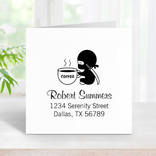Tiny Ninja with Large Coffee Mug Address Rubber Stamp