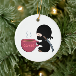 Tiny Ninja with Large Coffee Mug Ceramic Ornament