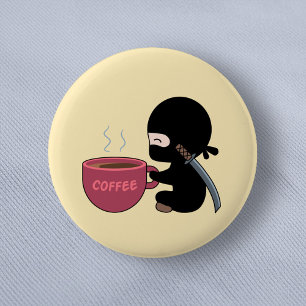 Tiny Ninja with Large Coffee Mug on Yellow 6 Cm Round Badge
