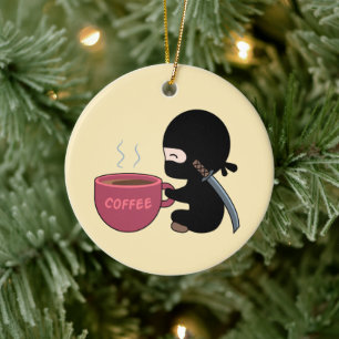 Tiny Ninja with Large Coffee Mug on Yellow Ceramic Ornament