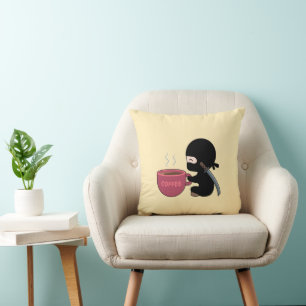 Tiny Ninja with Large Coffee Mug on Yellow Cushion