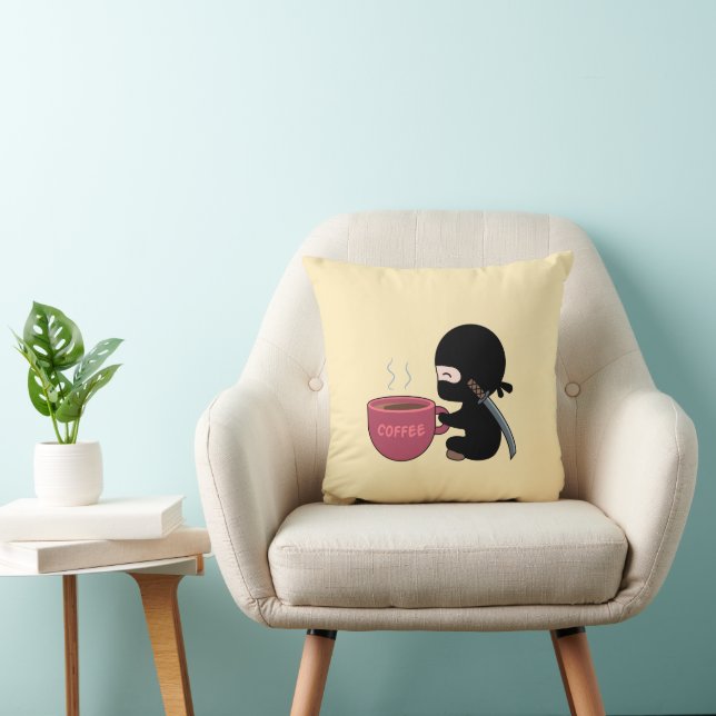 Tiny Ninja with Large Coffee Mug on Yellow Cushion (Chair)