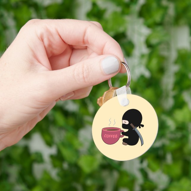 Tiny Ninja with Large Coffee Mug on Yellow Key Ring (Hand)