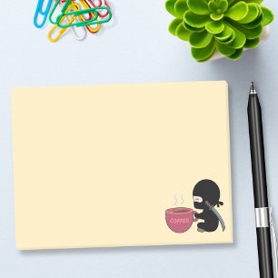 Tiny Ninja with Large Coffee Mug on Yellow Post-it Notes